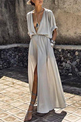 Deep V-neck Solid Color Mid-sleeve Large Swing Split Long Dress
