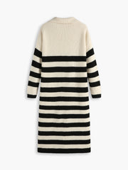 Open Collar Stripe Long Sleeve Midi Sweater Dress
