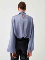 Asymmetric Pleated Turtleneck Satin Shirt
