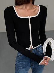 Square Neck Contrast Trim Long Sleeve Knit Shirt