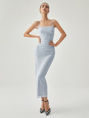 Ribbed Draped Slit Mesh Tank Long Dress