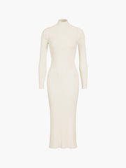 Slit Mock Neck Ribbed Knit Midi Sweater Dress