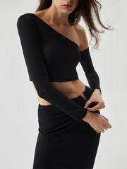 Asymmetrical Neck Ribbed Knit Long Sleeve Crop Top