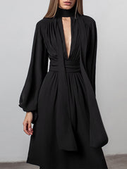Bow Puffy Sleeve Chiffon Midi Dress