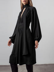 Bow Puffy Sleeve Chiffon Midi Dress