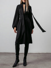 Bow Puffy Sleeve Chiffon Midi Dress