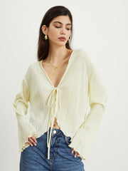 Textured Ruffle Trim Tied Blouse