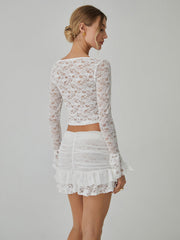 Lace Long Sleeve Top With Pleated Mini Skirt Set