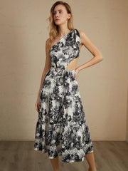 Asymmetric Cutout Floral Print Midi Dress