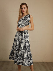Asymmetric Cutout Floral Print Midi Dress