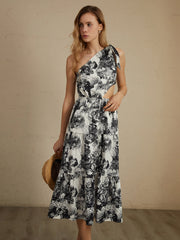Asymmetric Cutout Floral Print Midi Dress
