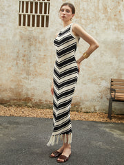 Striped Tassel Hem Sleeveless Midi Sweater Dress