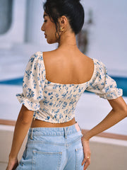 Floral Print Knotted Shirred Blouse