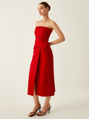 Multi-Button Off Shoulder Split Midi Dress