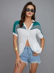 Contrast Crochet Pockets Short Sleeve Shirt