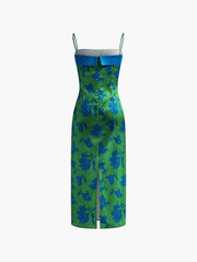 Printed Back Slit Spaghetti Strap Midi Dress