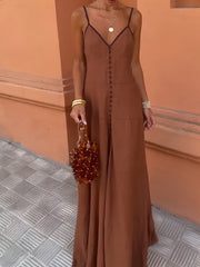 Contrast Binding Button Spaghetti Strap Long Dress