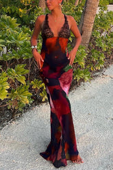 Abstract Floral Print Lace Patchwork Back Lace-up Maxi Dress