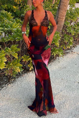 Abstract Floral Print Lace Patchwork Back Lace-up Maxi Dress