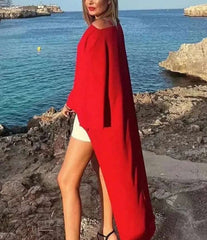 Asymmetric Cape Style Red Satin Casual Long Blouse