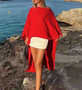 Asymmetric Cape Style Red Satin Casual Long Blouse