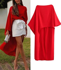 Asymmetric Cape Style Red Satin Casual Long Blouse