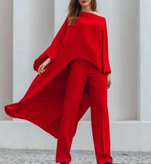 Asymmetric Cape Style Red Satin Casual Long Blouse