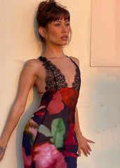 Abstract Floral Print Lace Patchwork Back Lace-up Maxi Dress