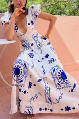 Unique Printed Bubble Sleeve Pocket Long Dress