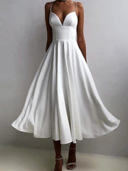 A-Line Ruffles V-neck Sleeveless Satin Tea-Length Dress
