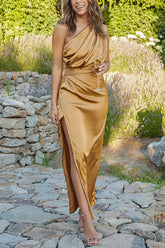 Satin Asymmetric One Shoulder Drape Slit Maxi Dress