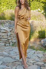 Satin Asymmetric One Shoulder Drape Slit Maxi Dress