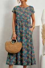 Casual Floral Pocket O Neck Printed Dress Dresses(9 Colors)