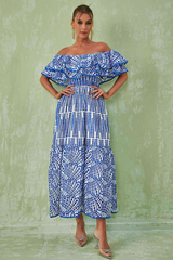 Ruffled off-the-shoulder embroidered dress