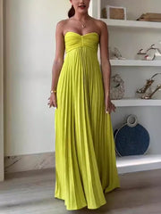 Pure color strapless pressed pleated dress