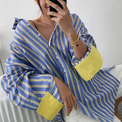 Chic Contrast Striped Loose Long Sleeve Shirts