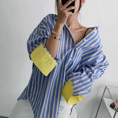 Chic Contrast Striped Loose Long Sleeve Shirts