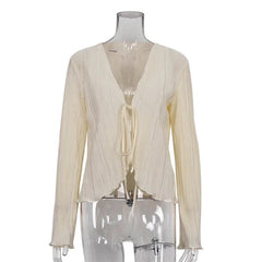 Chic Long Flare Sleeve V-Neck Tie-Up Top
