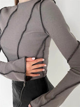 Chic Patchwork Long Sleeve Ribbed T-Shirt