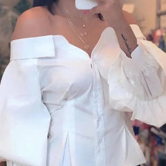 Chic Ruched Slash Neck Lantern Sleeve Blouse