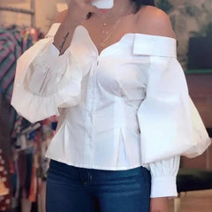Chic Ruched Slash Neck Lantern Sleeve Blouse