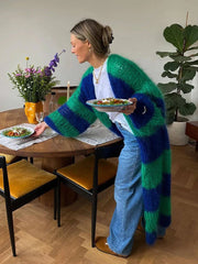 Chic Striped Lantern Sleeve Long Cardigan Sweater