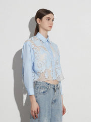Colorblock Patchwork Lace Slim Crop Blouses