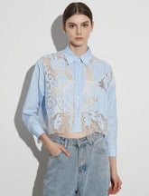 Colorblock Patchwork Lace Slim Crop Blouses