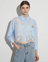 Colorblock Patchwork Lace Slim Crop Blouses