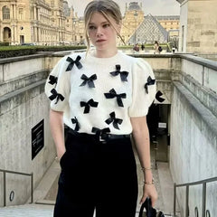 Cropped Sweater with Bow Detail and Round Neck