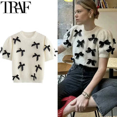 Cropped Sweater with Bow Detail and Round Neck