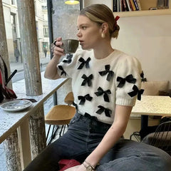 Cropped Sweater with Bow Detail and Round Neck