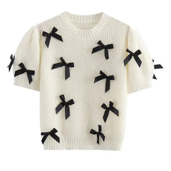 Cropped Sweater with Bow Detail and Round Neck