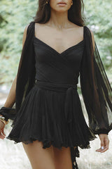 Chiffon Long Balloon Slit Sleeve Back Lace-up Mini Dress